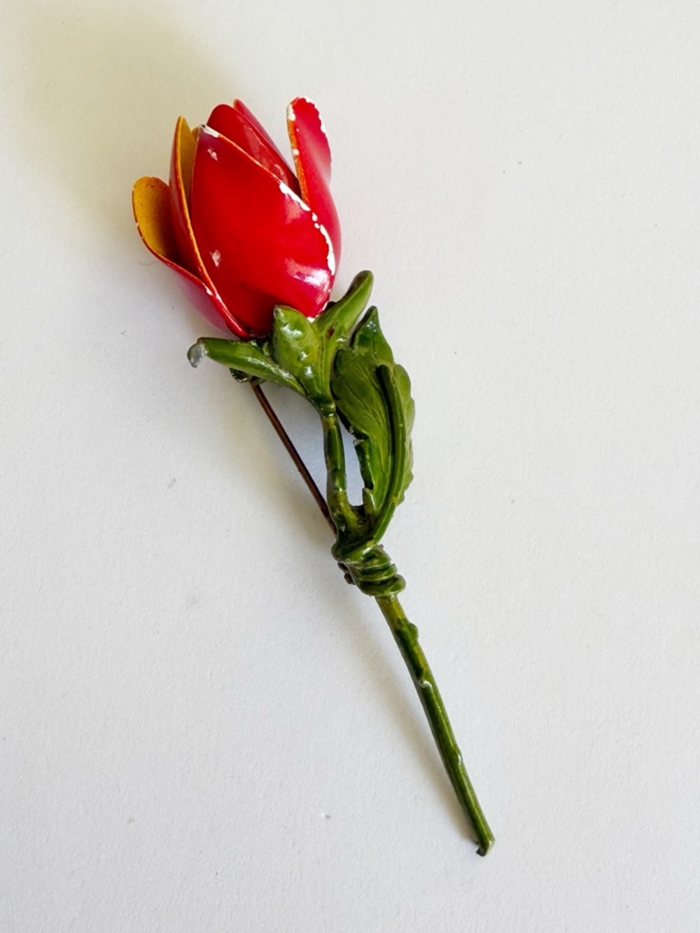 Vintage Rose Flower Large Enamel Brooch Pin